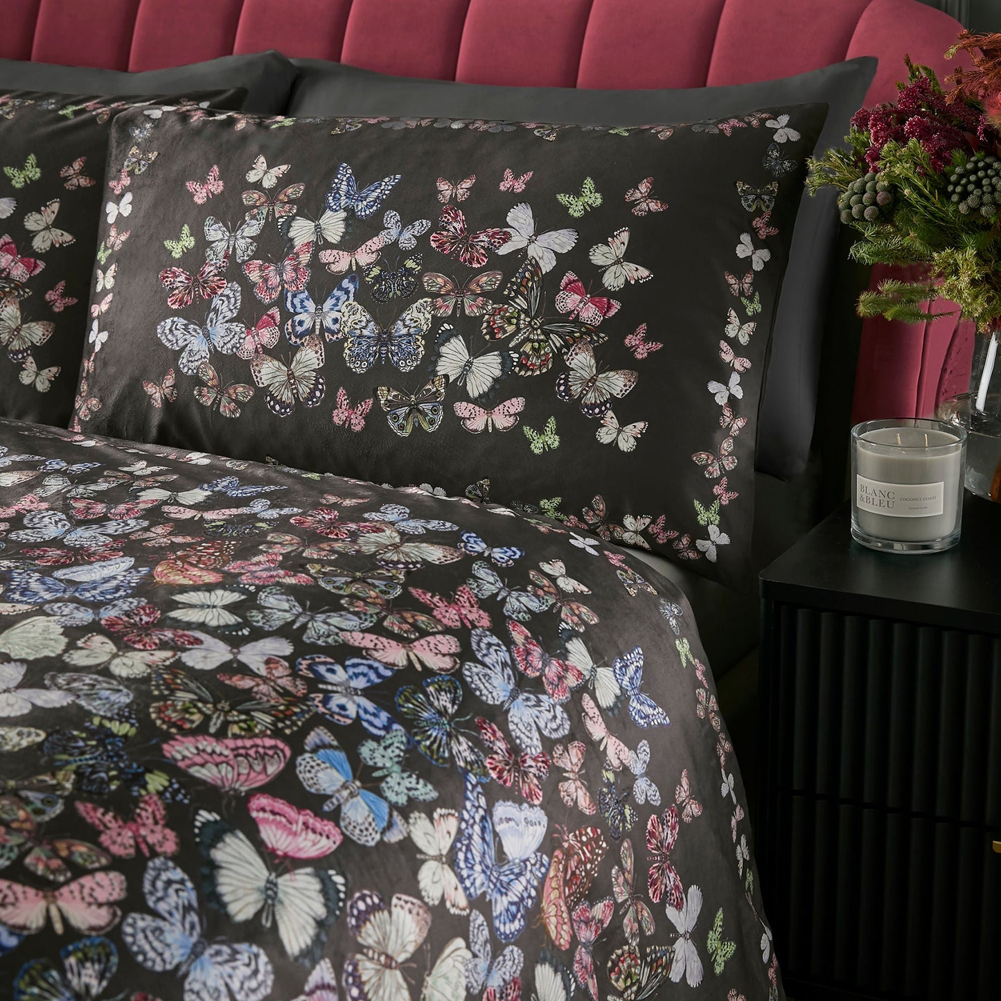 Soiree Papillon Velvet Duvet Cover Set - Charcoal