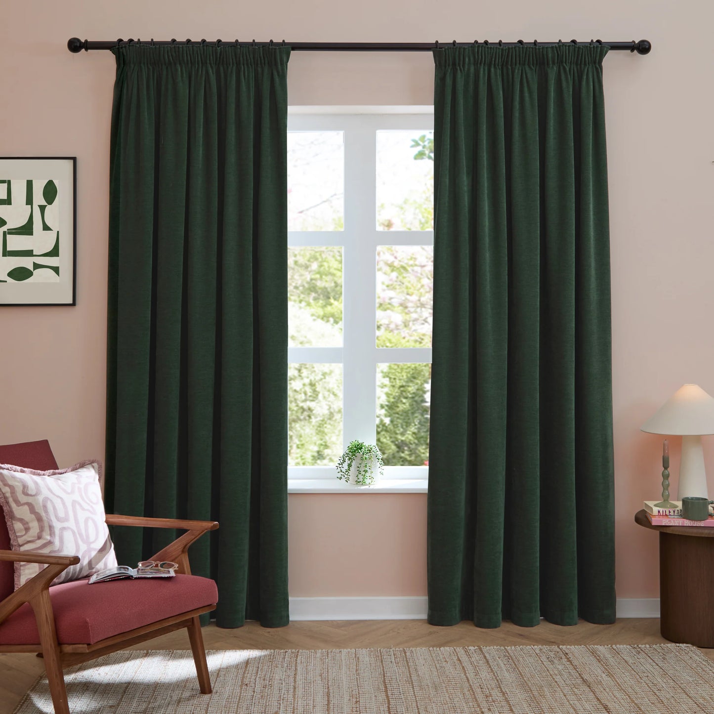 Furn Soft Chenille Blackout Pencil Pleat Curtains - Bottle Green