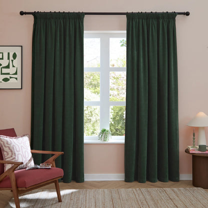 Furn Soft Chenille Blackout Pencil Pleat Curtains - Bottle Green