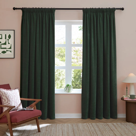 Furn Soft Chenille Blackout Pencil Pleat Curtains - Bottle Green