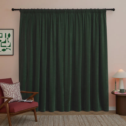 Furn Soft Chenille Blackout Pencil Pleat Curtains - Bottle Green