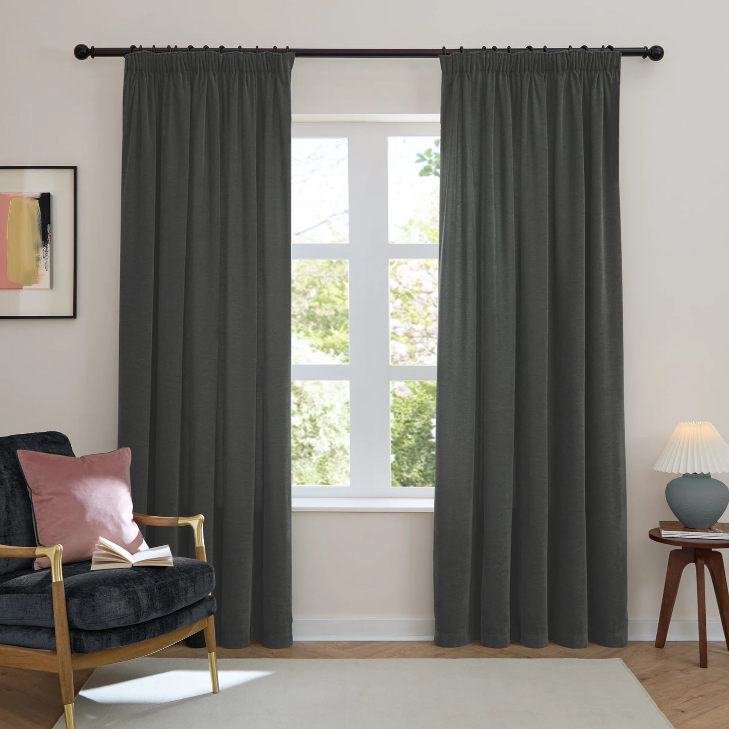 Furn Soft Chenille Blackout Pencil Pleat Curtains - Charcoal