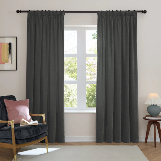 Furn Soft Chenille Blackout Pencil Pleat Curtains - Charcoal