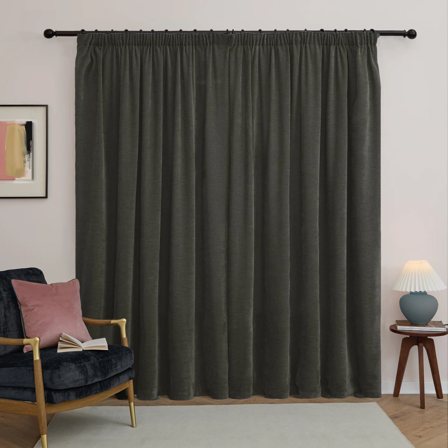 Furn Soft Chenille Blackout Pencil Pleat Curtains - Charcoal