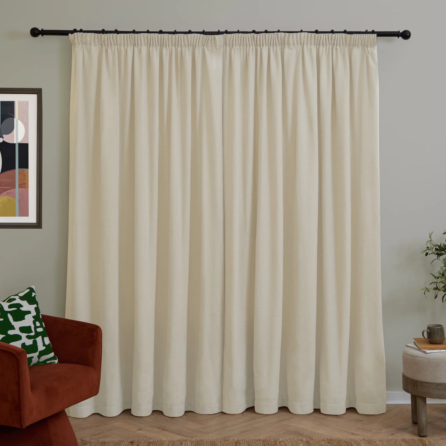 Furn Soft Chenille Blackout Pencil Pleat Curtains - Ecru