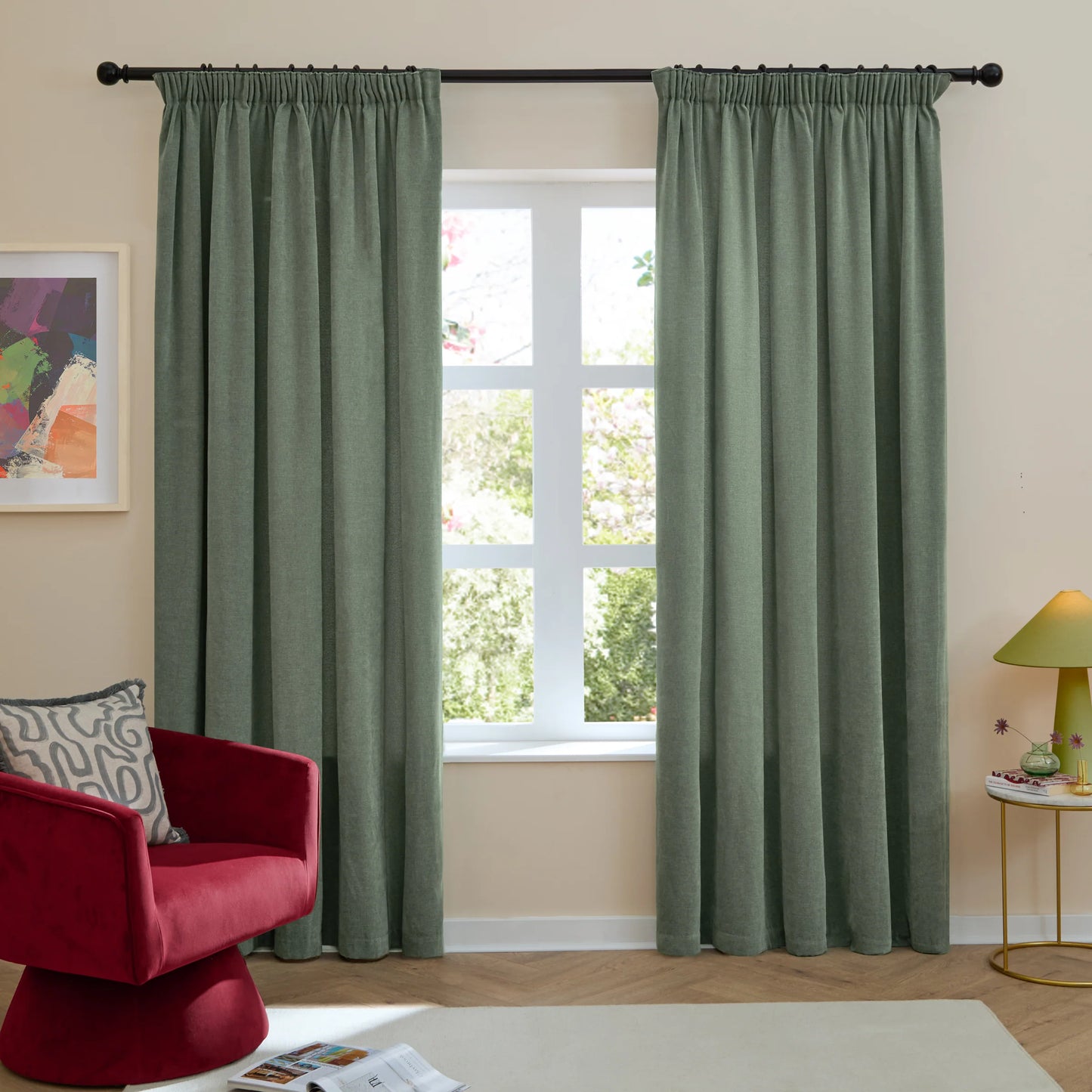 Furn Soft Chenille Blackout Pencil Pleat Curtains - Green