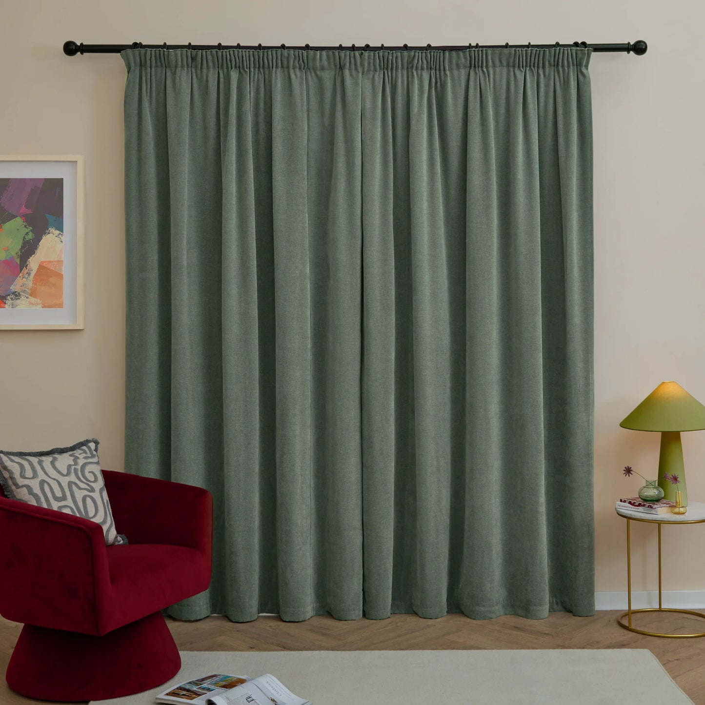 Furn Soft Chenille Blackout Pencil Pleat Curtains - Green