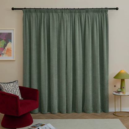 Furn Soft Chenille Blackout Pencil Pleat Curtains - Green