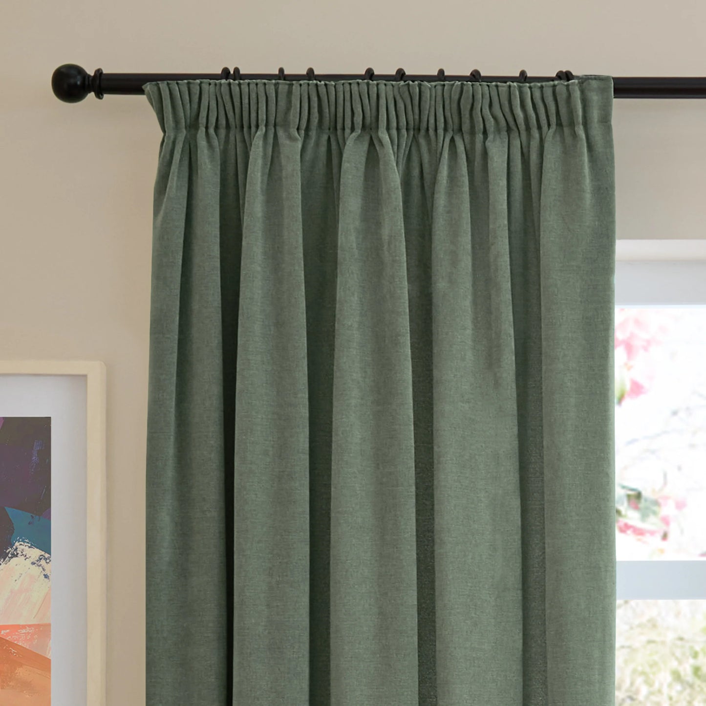 Furn Soft Chenille Blackout Pencil Pleat Curtains - Green