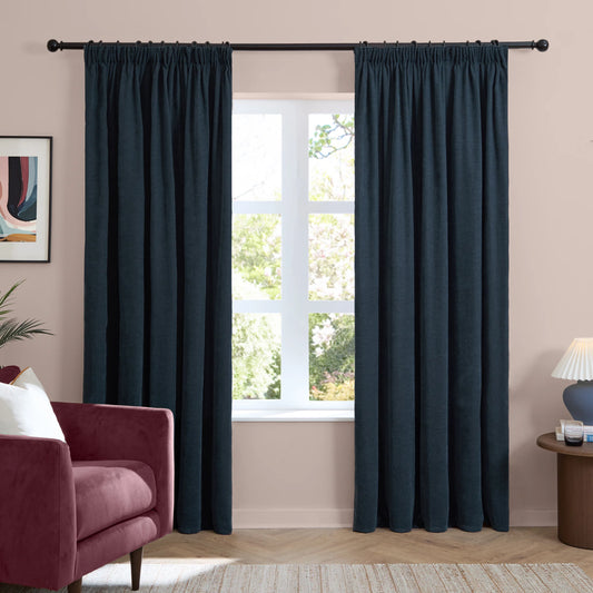 Furn Soft Chenille Blackout Pencil Pleat Curtains - Navy