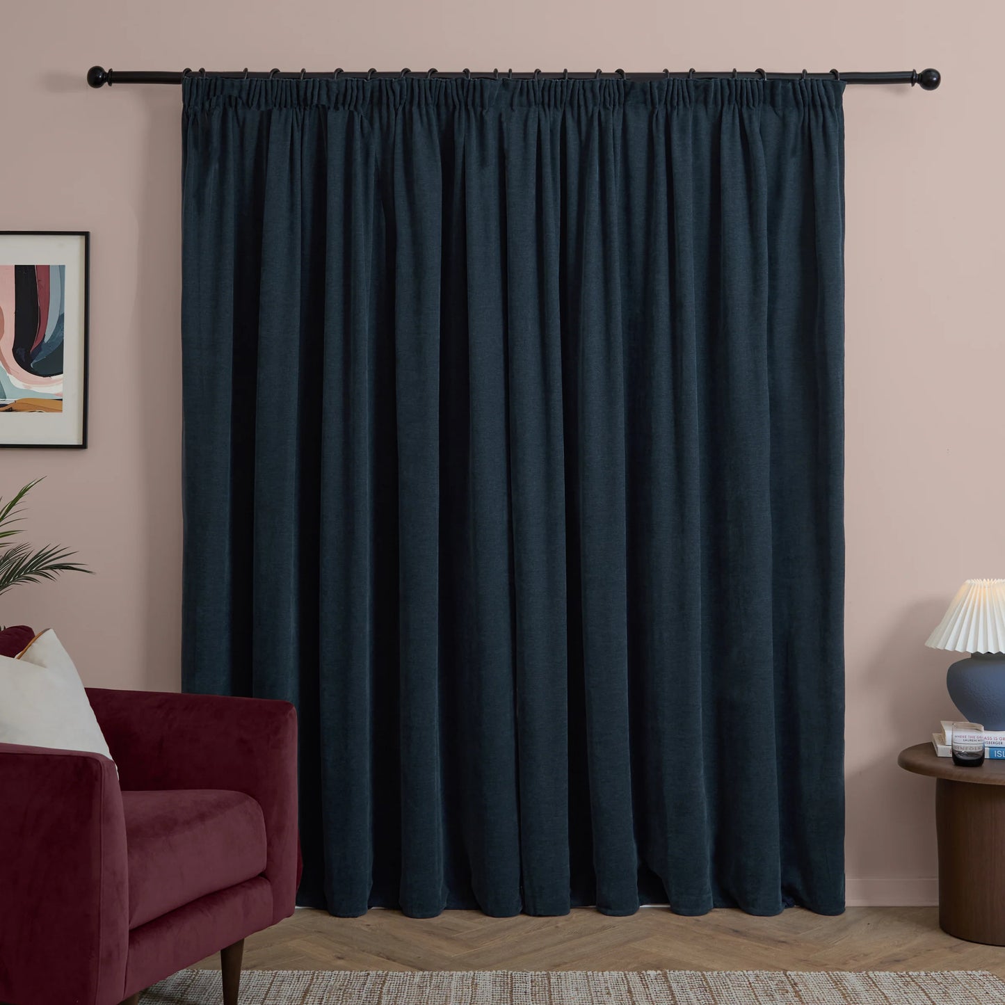 Furn Soft Chenille Blackout Pencil Pleat Curtains - Navy