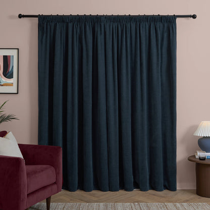 Furn Soft Chenille Blackout Pencil Pleat Curtains - Navy