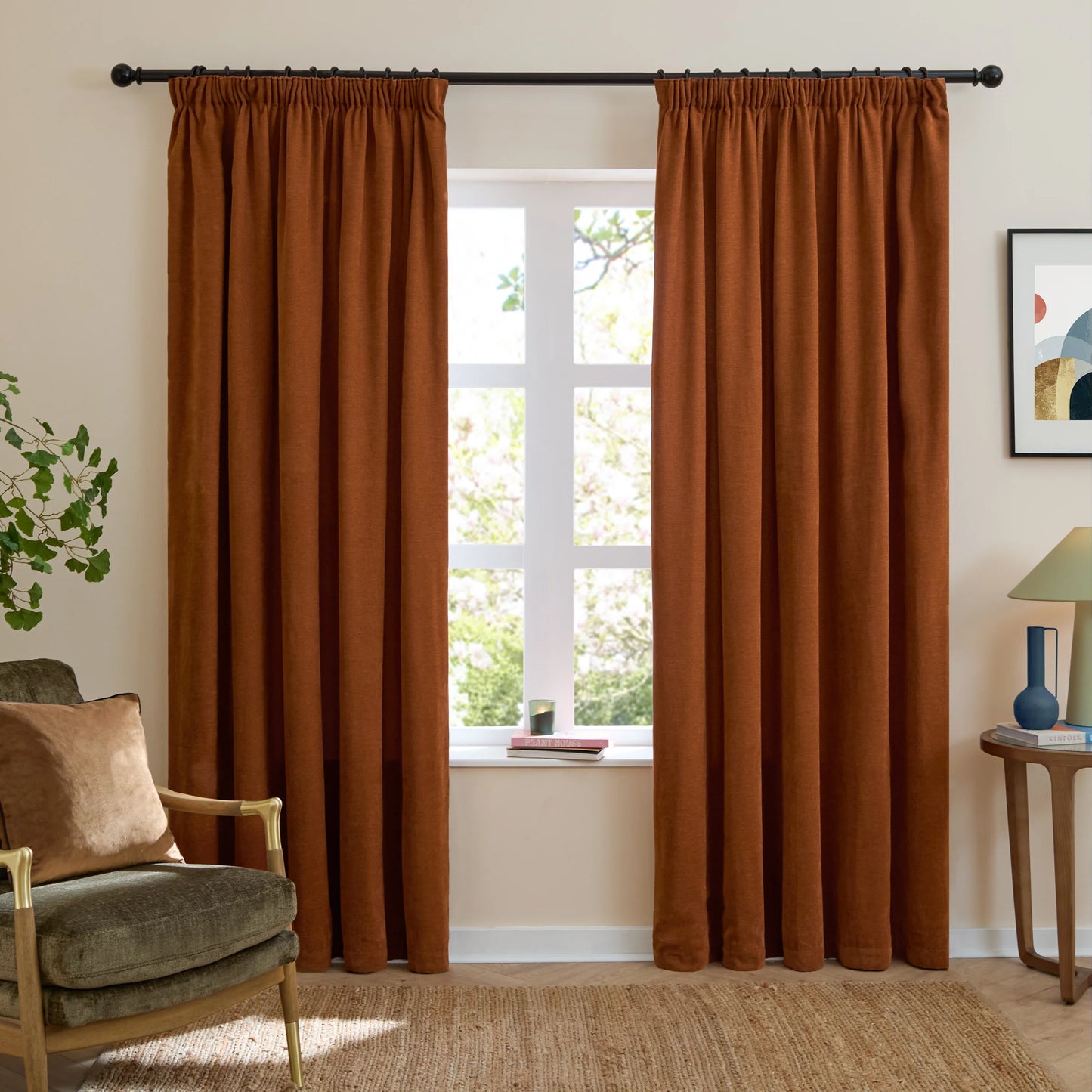 Furn Soft Chenille Blackout Pencil Pleat Curtains - Rust