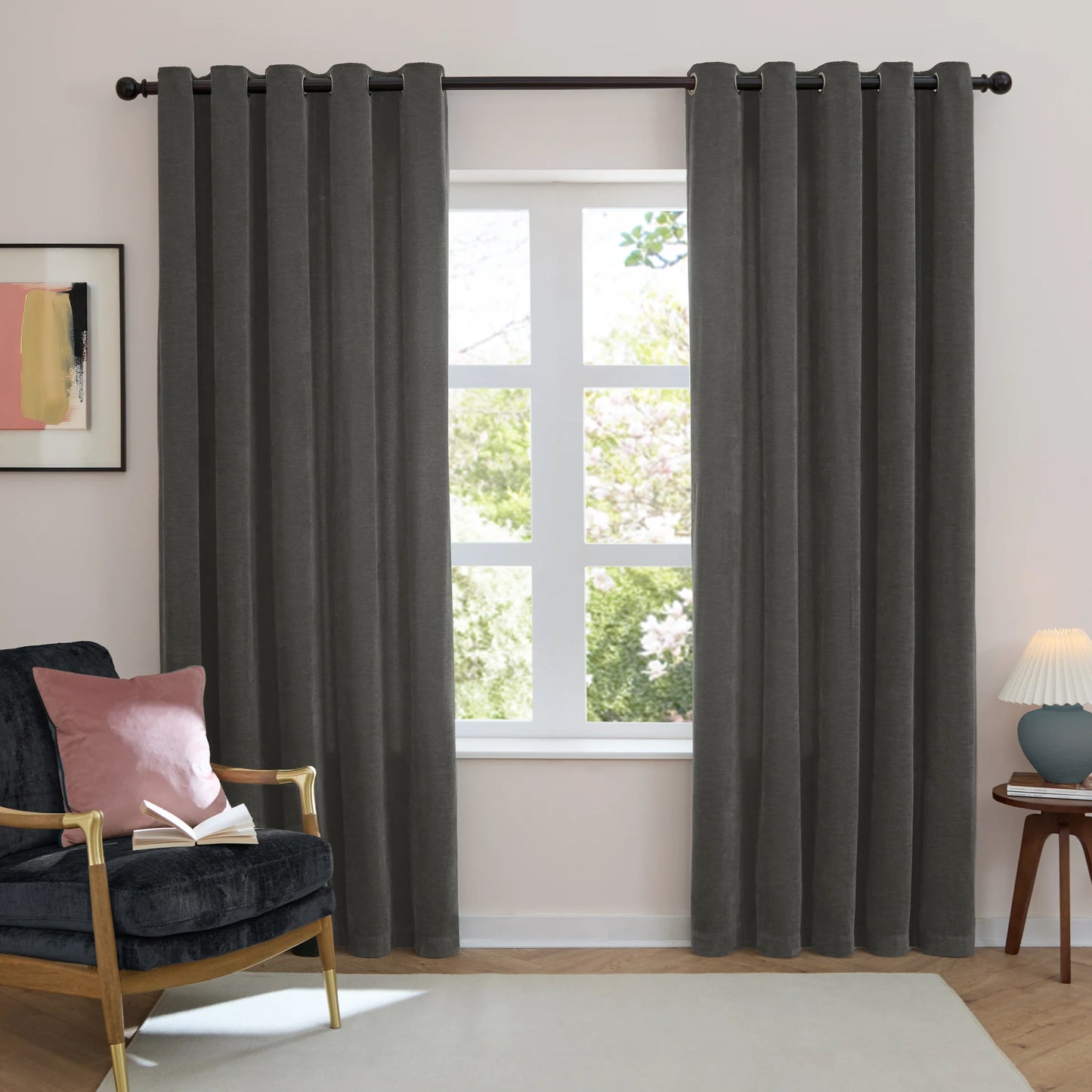 Furn Soft Chenille Blackout Eyelet Curtains - Charcoal