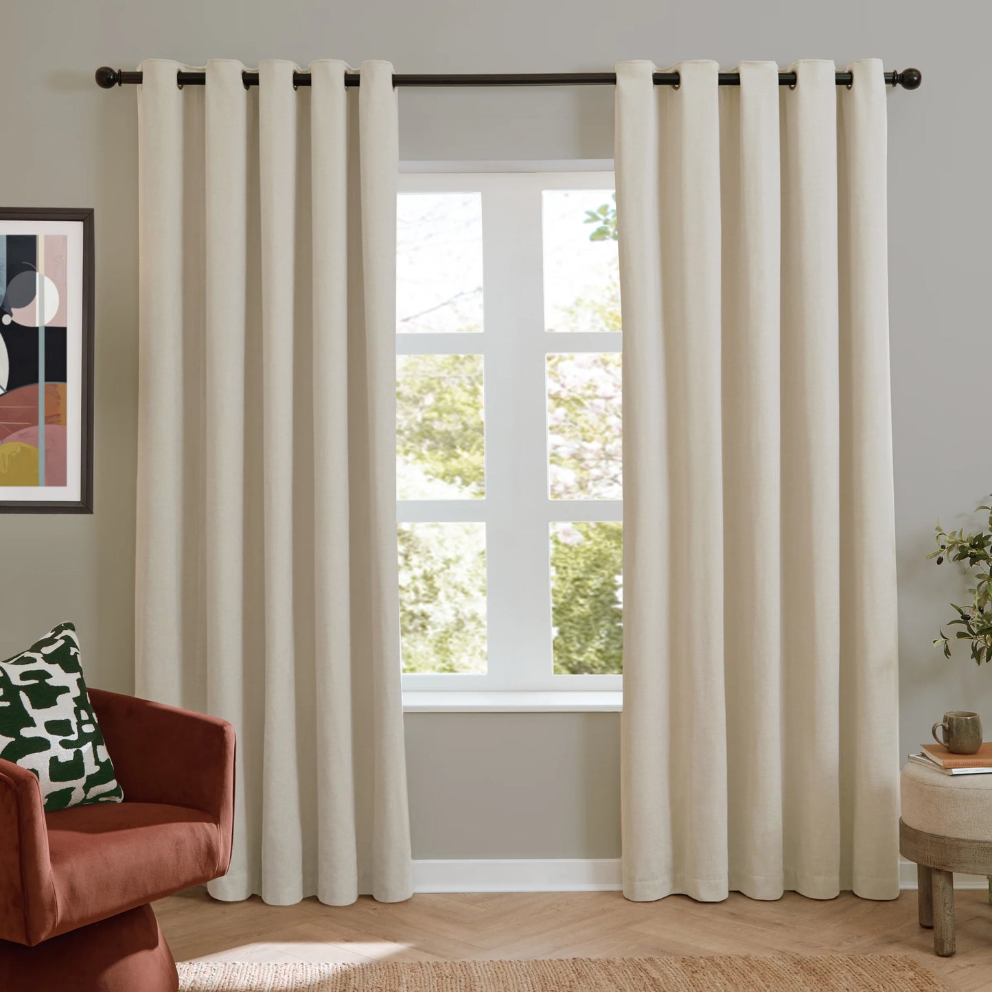Furn Soft Chenille Blackout Eyelet Curtains - Ecru