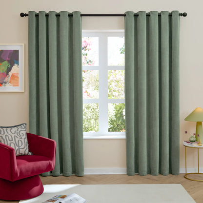 Furn Soft Chenille Blackout Eyelet Curtains - Green