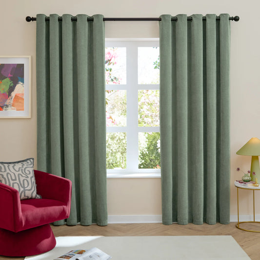 Furn Soft Chenille Blackout Eyelet Curtains - Green
