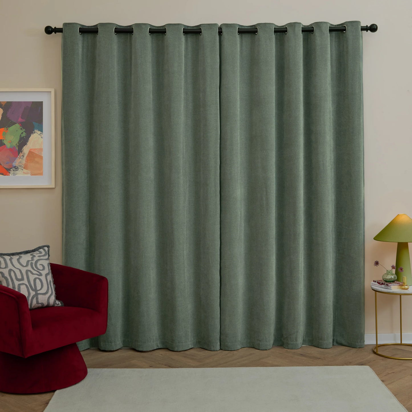 Furn Soft Chenille Blackout Eyelet Curtains - Green