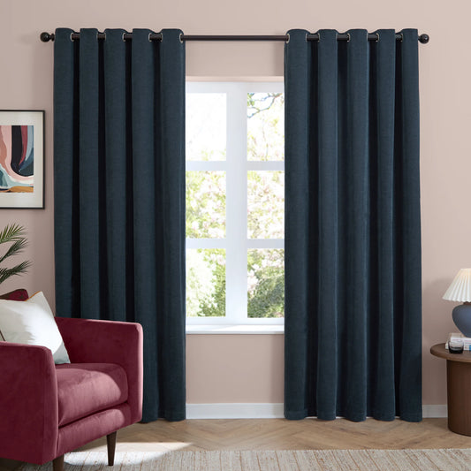 Furn Soft Chenille Blackout Eyelet Curtains - Navy