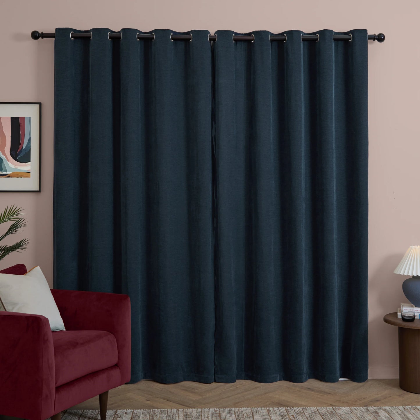 Furn Soft Chenille Blackout Eyelet Curtains - Navy