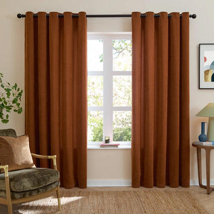 Furn Soft Chenille Blackout Eyelet Curtains - Rust