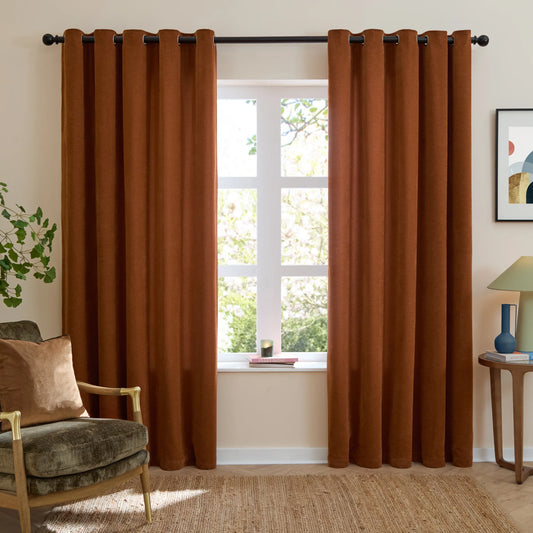 Furn Soft Chenille Blackout Eyelet Curtains - Rust