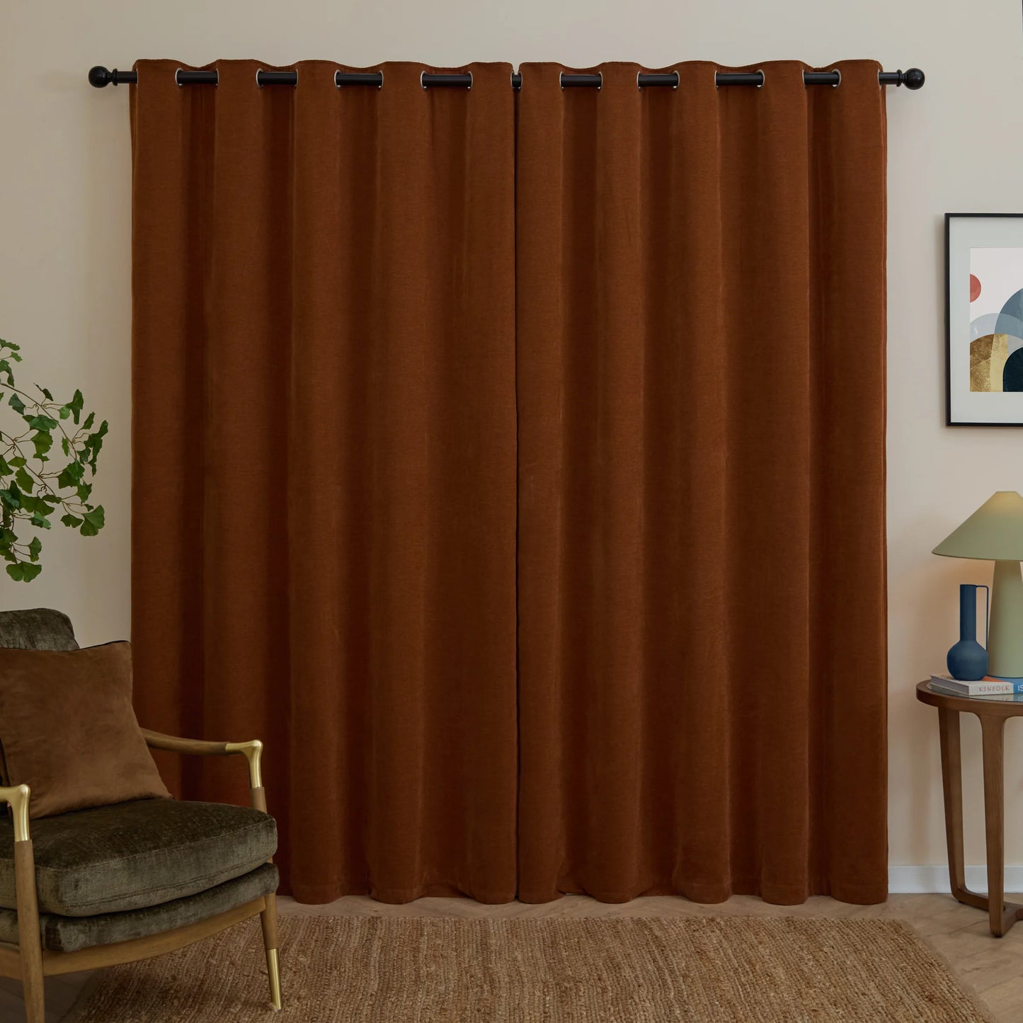 Furn Soft Chenille Blackout Eyelet Curtains - Rust