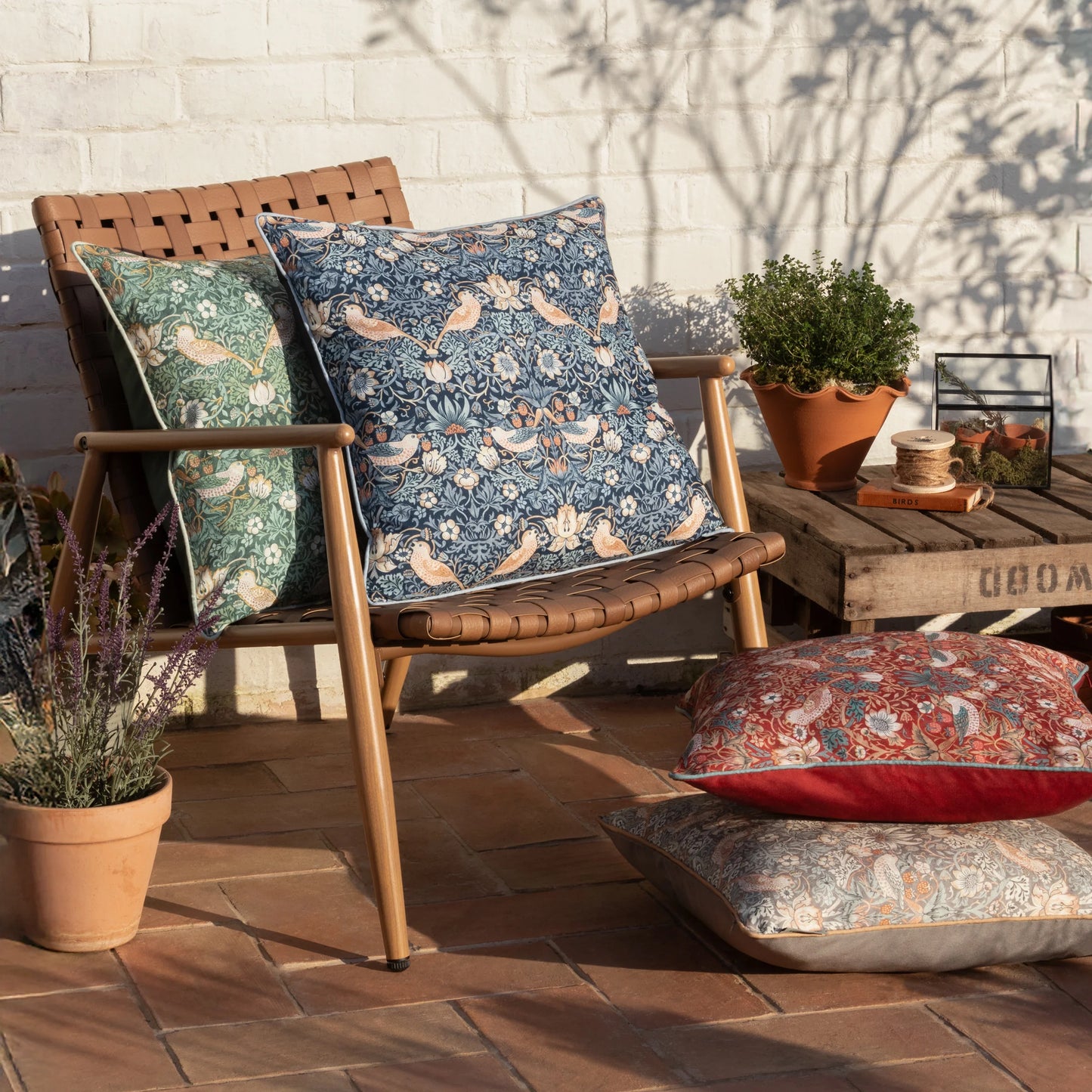 Morris & Co Strawberry Thief Outdoor Cushion - Biscuit