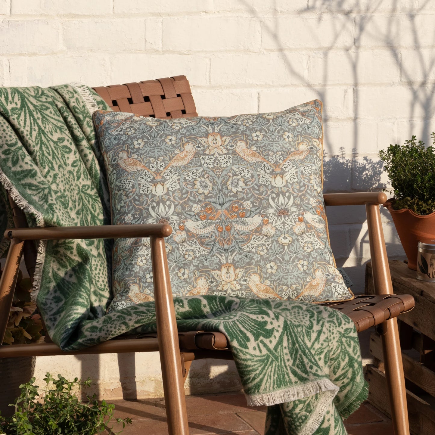 Morris & Co Strawberry Thief Outdoor Cushion - Biscuit