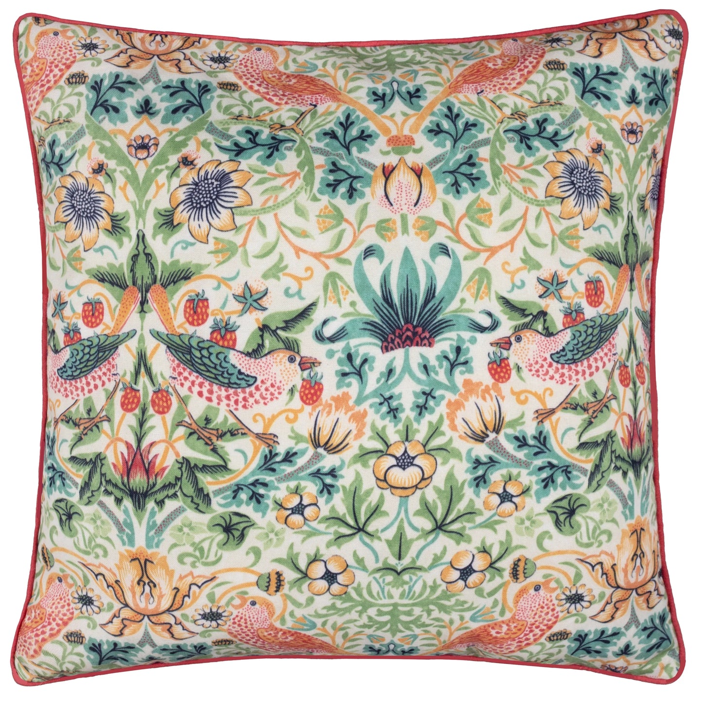 Morris & Co Strawberry Thief Outdoor Cushion - Coral/Leaf Green