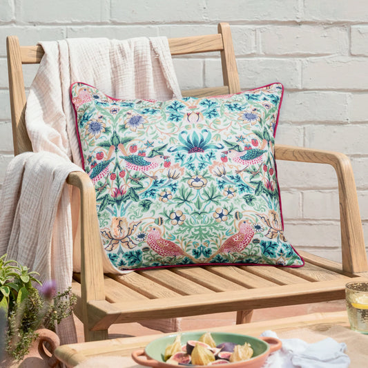 Morris & Co Strawberry Thief Outdoor Cushion - Coral/Leaf Green