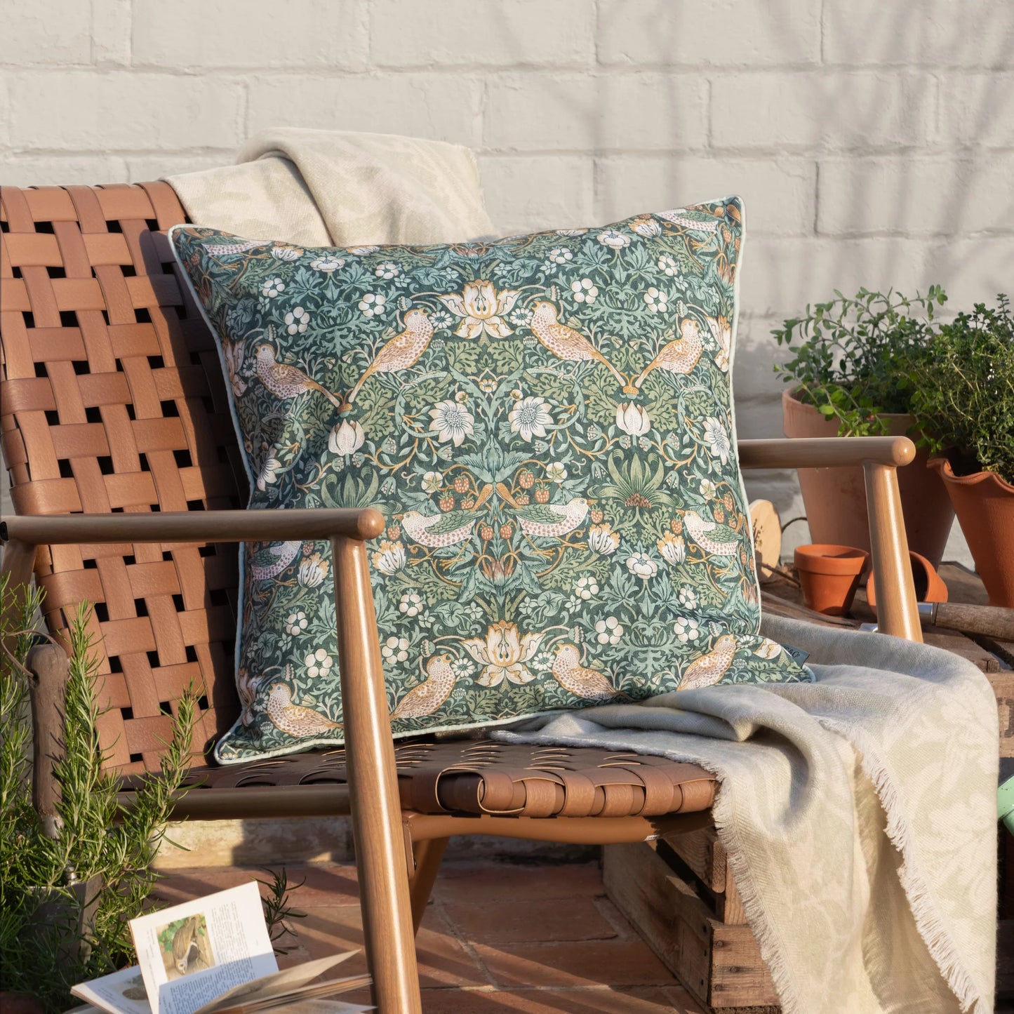 Morris & Co Strawberry Thief Outdoor Cushion - Forest Green