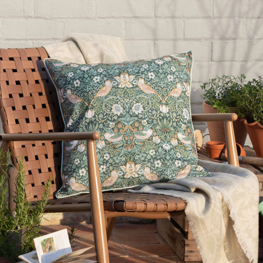 Morris & Co Strawberry Thief Outdoor Cushion - Forest Green