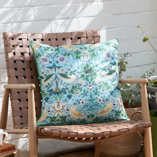 Morris & Co Strawberry Thief Outdoor Cushion - Mineral/Yellow
