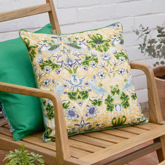 Morris & Co Strawberry Thief Outdoor Cushion - Sunflower