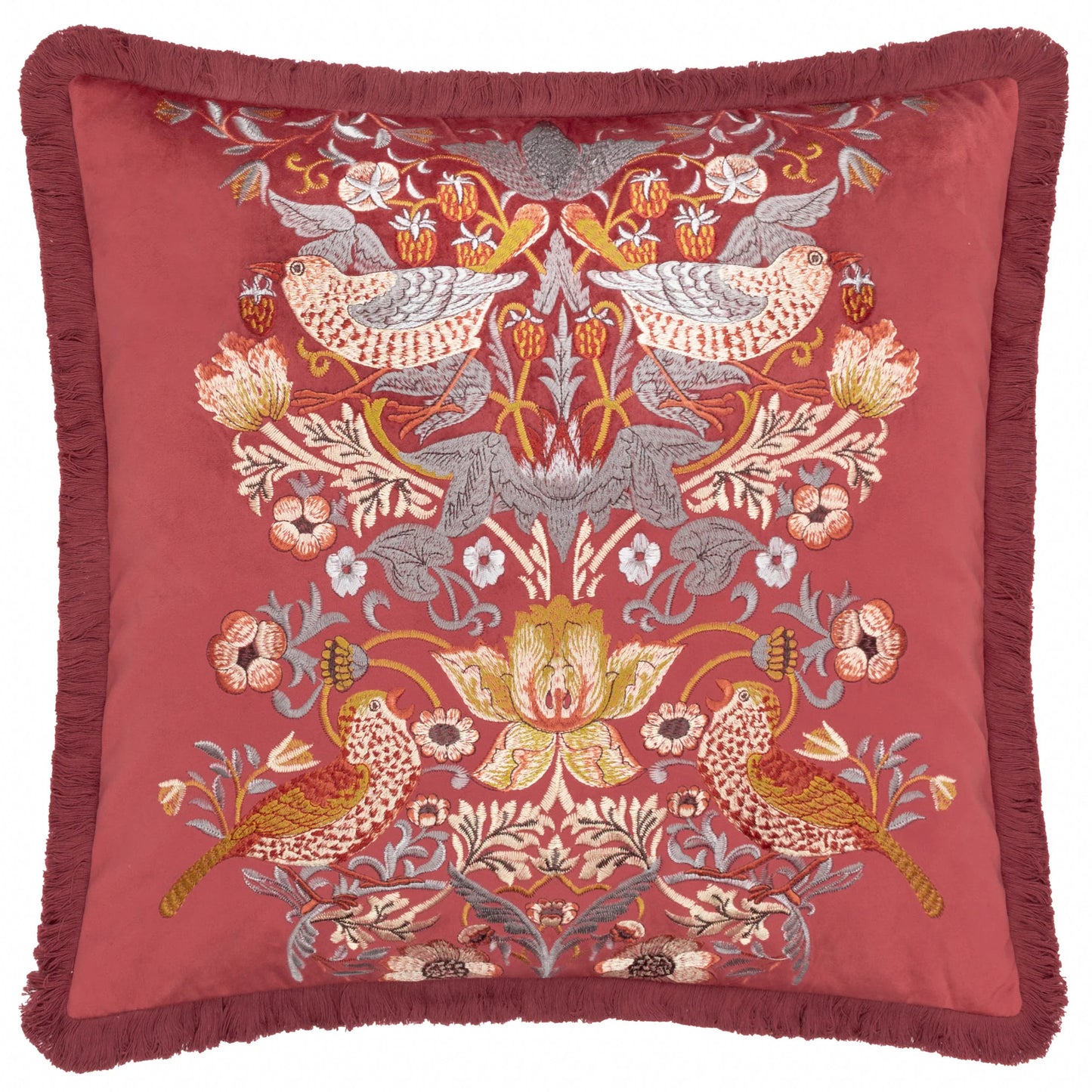Morris & Co Strawberry Thief Embroidered Velvet Cushion - Berry