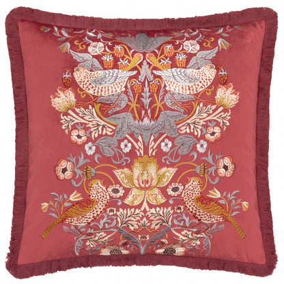 Morris & Co Strawberry Thief Embroidered Velvet Cushion - Berry