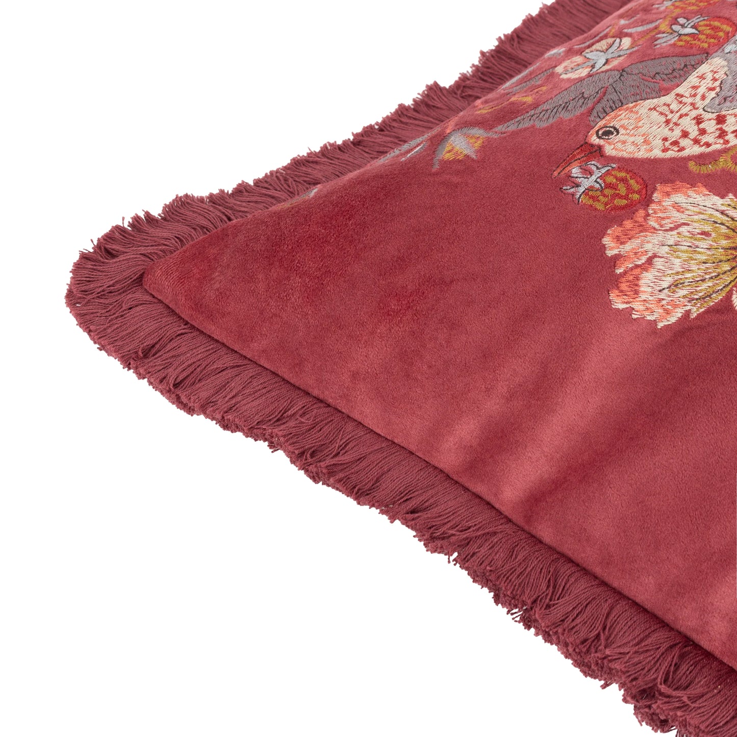 Morris & Co Strawberry Thief Embroidered Velvet Cushion - Berry