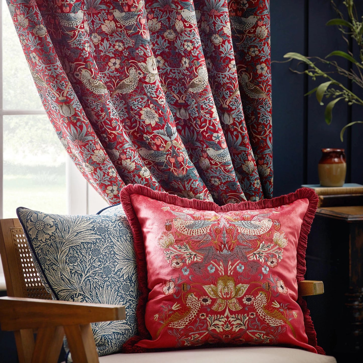 Morris & Co Strawberry Thief Embroidered Velvet Cushion - Berry
