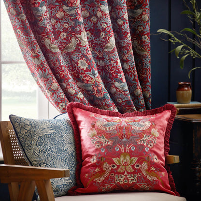 Morris & Co Strawberry Thief Embroidered Velvet Cushion - Berry