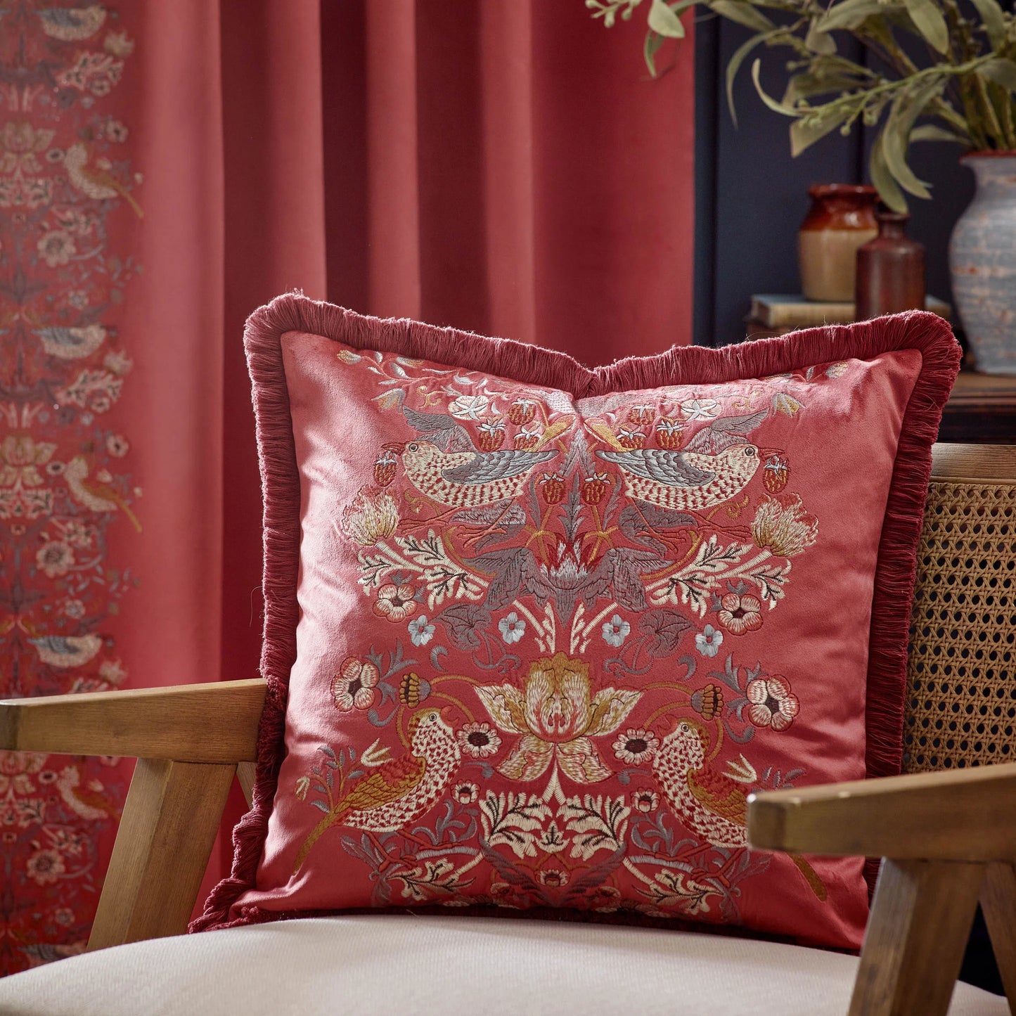 Morris & Co Strawberry Thief Embroidered Velvet Cushion - Berry