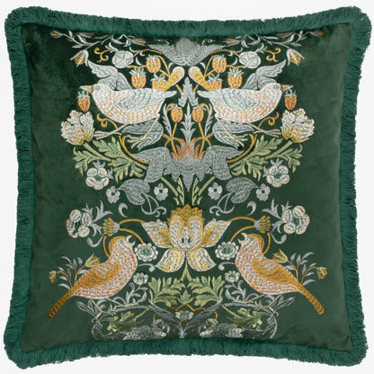 Morris & Co Strawberry Thief Embroidered Velvet Cushion - Forest