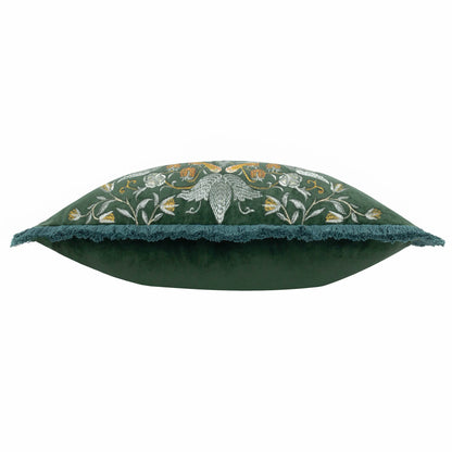 Morris & Co Strawberry Thief Embroidered Velvet Cushion - Forest
