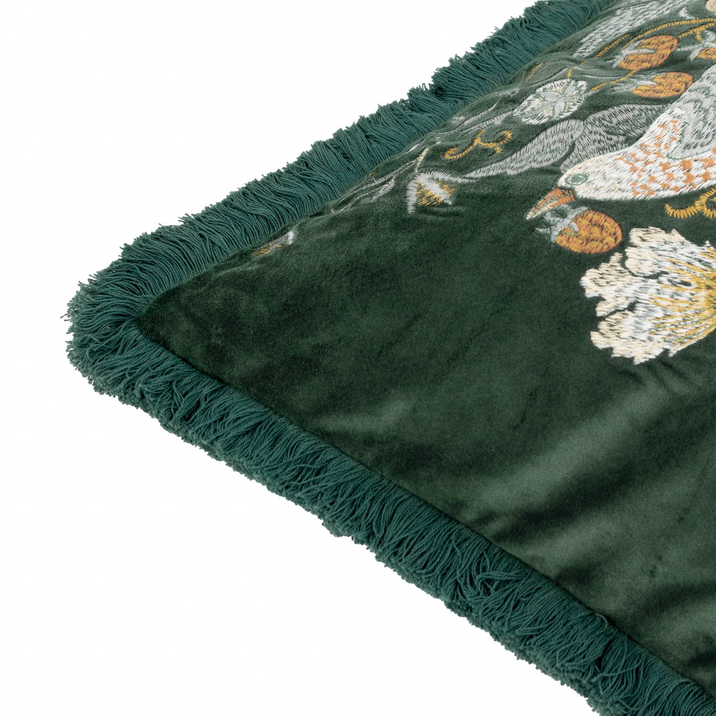 Morris & Co Strawberry Thief Embroidered Velvet Cushion - Forest