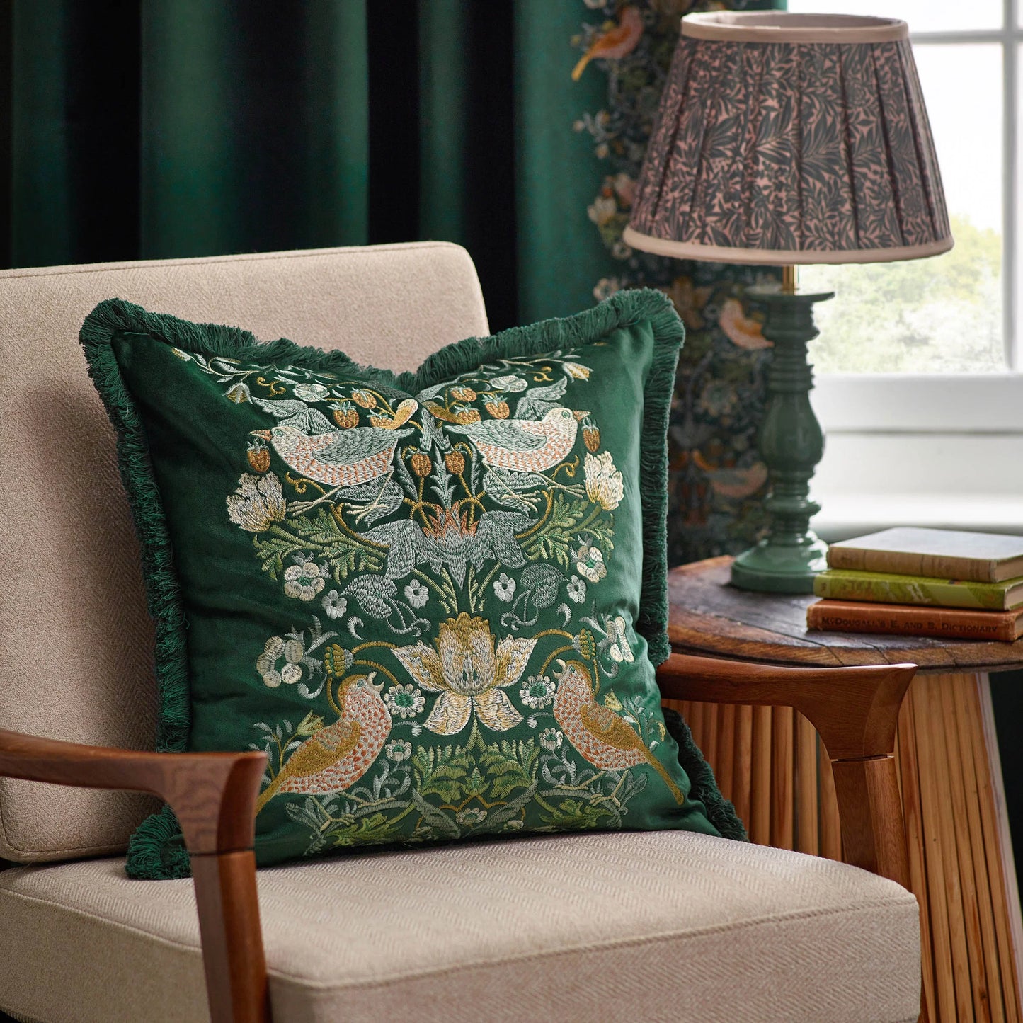 Morris & Co Strawberry Thief Embroidered Velvet Cushion - Forest