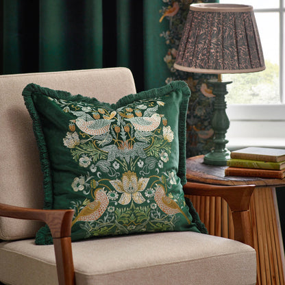 Morris & Co Strawberry Thief Embroidered Velvet Cushion - Forest