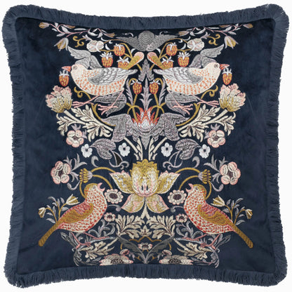 Morris & Co Strawberry Thief Embroidered Velvet Cushion - Indigo