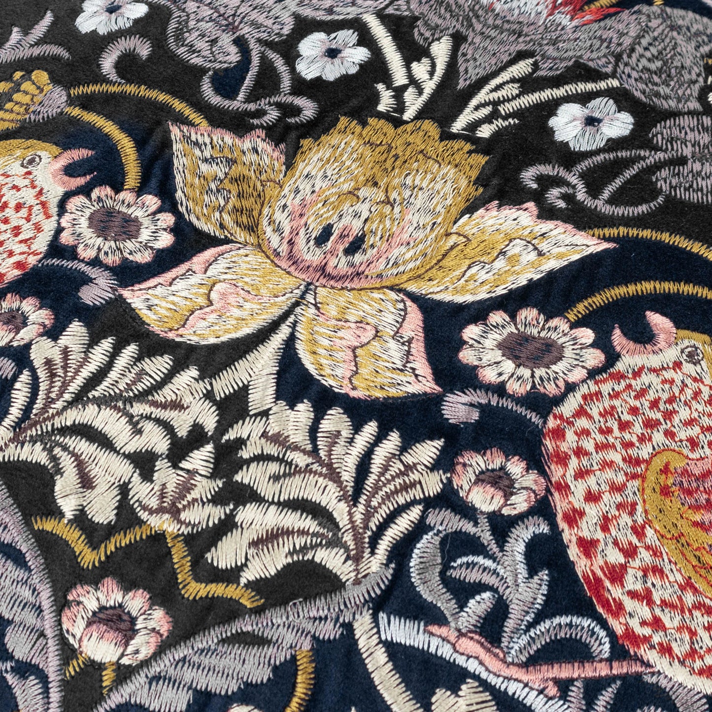 Morris & Co Strawberry Thief Embroidered Velvet Cushion - Indigo