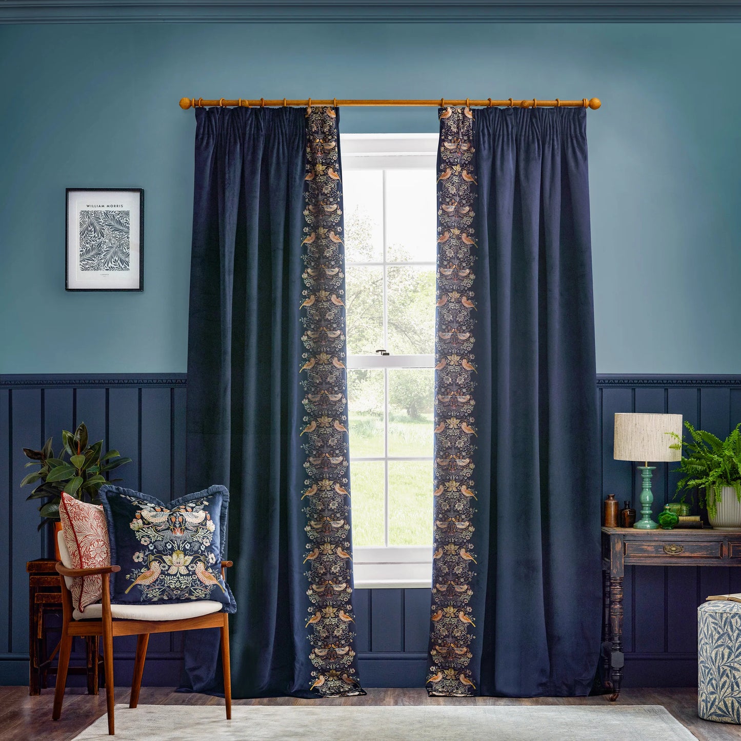 Morris & Co Strawberry Thief Embroidered Velvet Cushion - Indigo