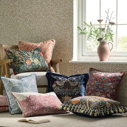 Morris & Co Strawberry Thief Embroidered Velvet Cushion - Indigo
